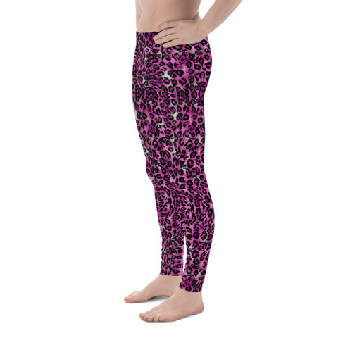  Pink Leopard Men's Leggings, Cute Leopard Animal Print 38-40 UPF Fitted Elastic Men's Leggings Meggings Sexy Workout Compression Tights/ Pants- Made in USA/EU (US Size: XS-3XL)