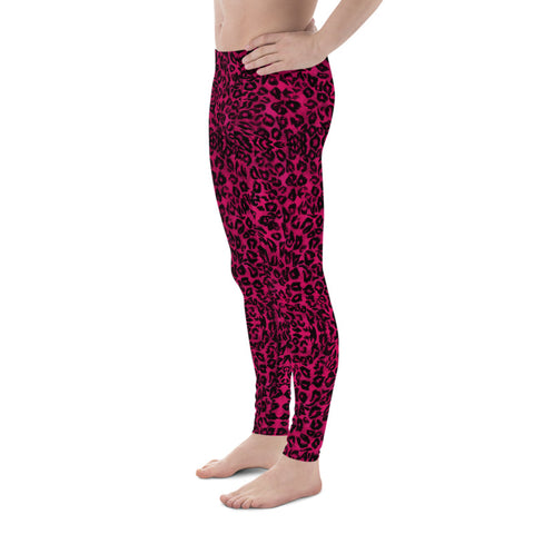 Hot Pink Leopard Meggings, Animal Print Premium Classic Elastic Comfy Men's Leggings Fitted Tights Pants - Made in USA/EU (US Size: XS-3XL) Spandex Meggings Men's Workout Gym Tights Leggings, Compression Tights, Kinky Fetish Men Pants