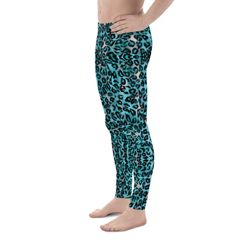 Light Blue Leopard Meggings, Sexy Men's Leggings,  Leopard Animal Print 38-40 UPF Fitted Elastic Men's Leggings Meggings Sexy Workout Compression Tights/ Pants- Made in USA/EU (US Size: XS-3XL)
