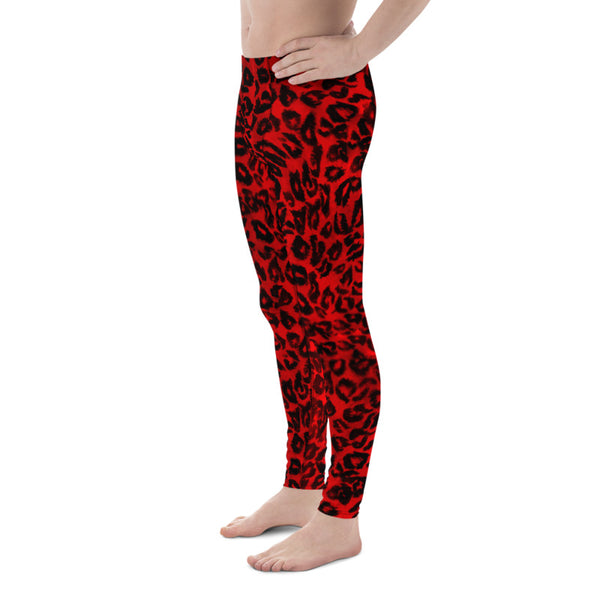 Red Leopard Animal Print Meggings, Premium Quality Men's Leggings- Made in USA/ EU-Men's Leggings-Heidi Kimura Art LLC