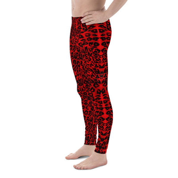 Red Leopard Men's Leggings, Wild Bright Leopard Animal Print 38-40 UPF Fitted Elastic Men's Leggings Meggings Sexy Workout Compression Tights/ Pants- Made in USA/EU (US Size: XS-3XL)