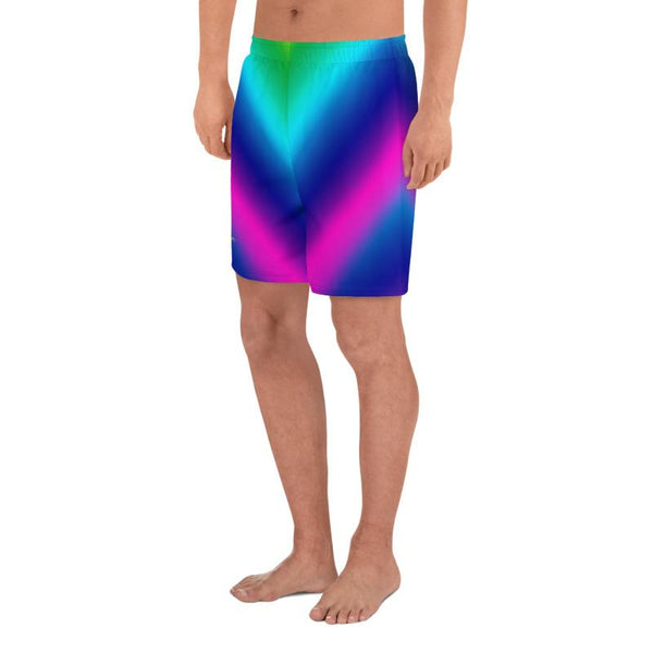 Blue Purple Futuristic Chevron Rainbow Ombre Print Men's Athletic Long Shorts- Made in EU-Men's Long Shorts-Heidi Kimura Art LLC