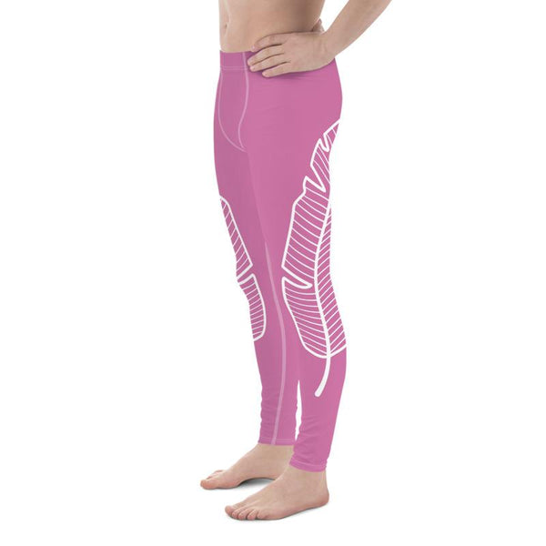 Light Pink Bird's Feather Print Designer Men's Leggings Tights Meggings- Made in USA/EU-Men's Leggings-Heidi Kimura Art LLC