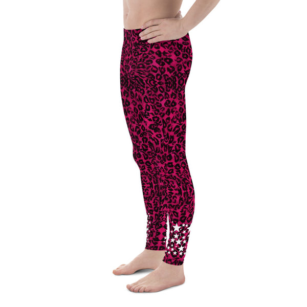 Hot Pink Leopard Star Meggings, Leopard Animal Print 38-40 UPF Fitted Elastic Men's Leggings Sexy Workout Compression Tights/ Pants- Made in USA/EU (US Size: XS-3XL)