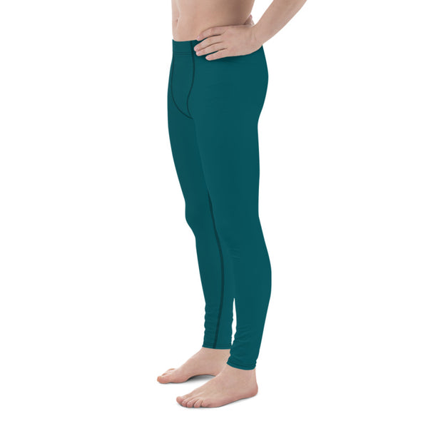 Dark Teal Blue Solid Color Premium Compression Tights Meggings Men's Leggings Pants-Men's Leggings-Heidi Kimura Art LLC