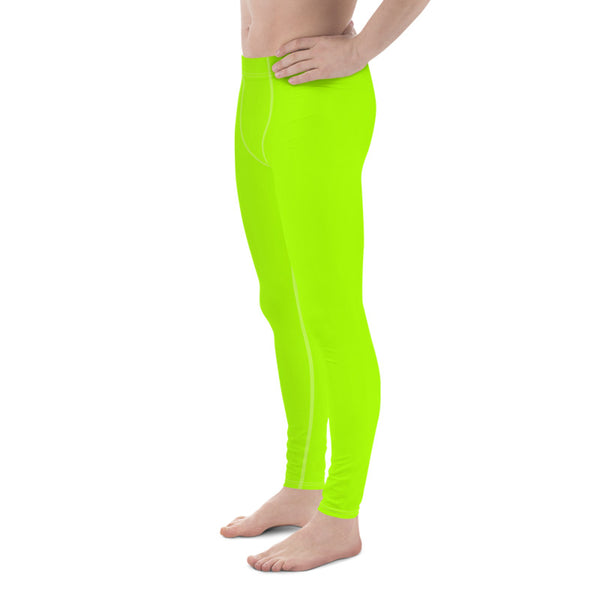 Neon Green Bright Solid Color Print Men's Leggings Meggings Pants- Made in USA/ EU-Men's Leggings-Heidi Kimura Art LLC