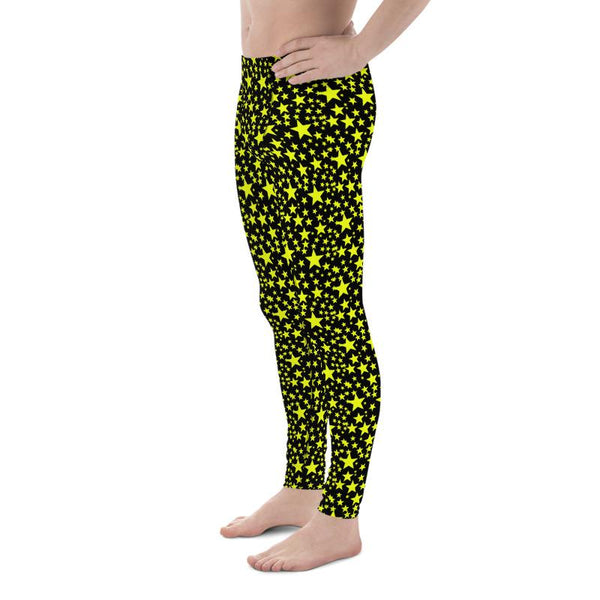 Yellow Bright Stars in Dark Sky Starry Pattern Print Men's Leggings Meggings- Made in USA/EU-Men's Leggings-Heidi Kimura Art LLC