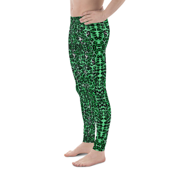 Green Leopard Meggings, Animal Print Men's Leggings, Premium Classic Elastic Comfy Men's Leggings Fitted Tights Pants - Made in USA/EU (US Size: XS-3XL) Spandex Meggings Men's Workout Gym Tights Leggings, Compression Tights, Kinky Fetish Men Pants
