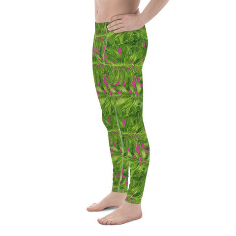 Hot Pink Green Tropical Palm Leaf Print Men's Leggings Meggings Tights - Made in USA-Men's Leggings-Heidi Kimura Art LLC
