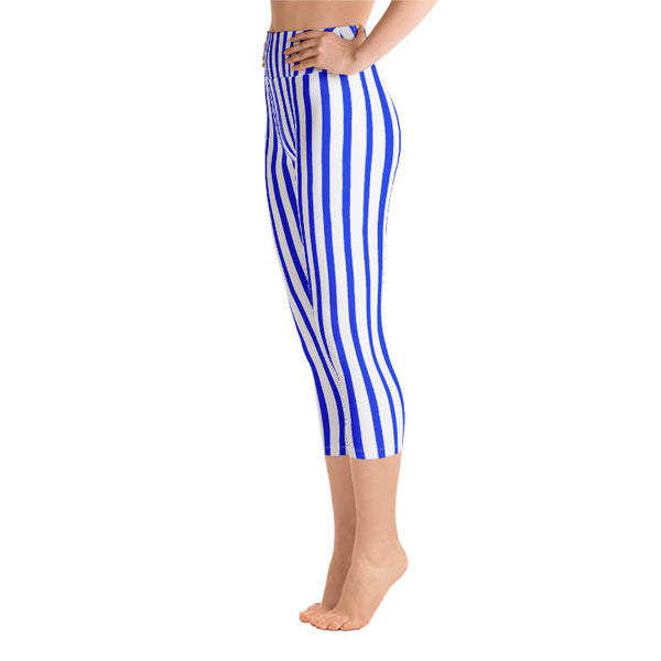Blue White Vertical Stripe Print Women's Yoga Capri Leggings Pants- Made in USA/ EU-Capri Yoga Pants-Heidi Kimura Art LLC