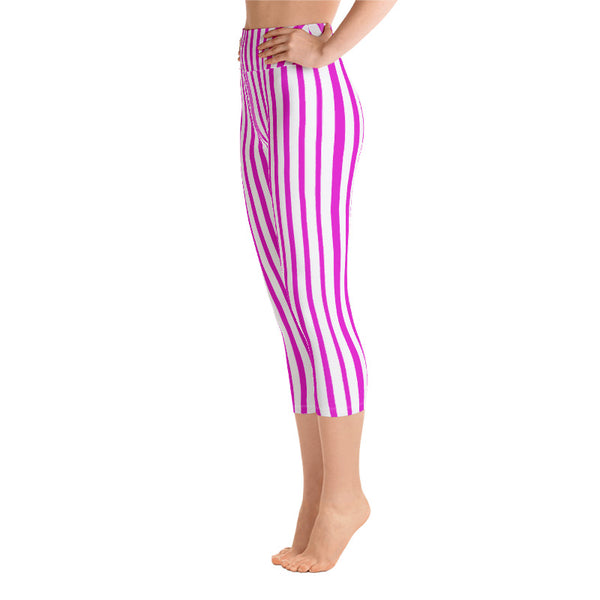 Pink White Vertical Stripe Print Women's Yoga Capri Leggings Pants- Made in USA/ EU-Capri Yoga Pants-Heidi Kimura Art LLC