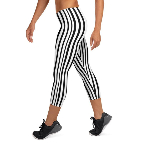 Black White Vertical Striped Print Women's Dressy Fashion Capri Leggings- Made in USA/ EU-capri leggings-Heidi Kimura Art LLC