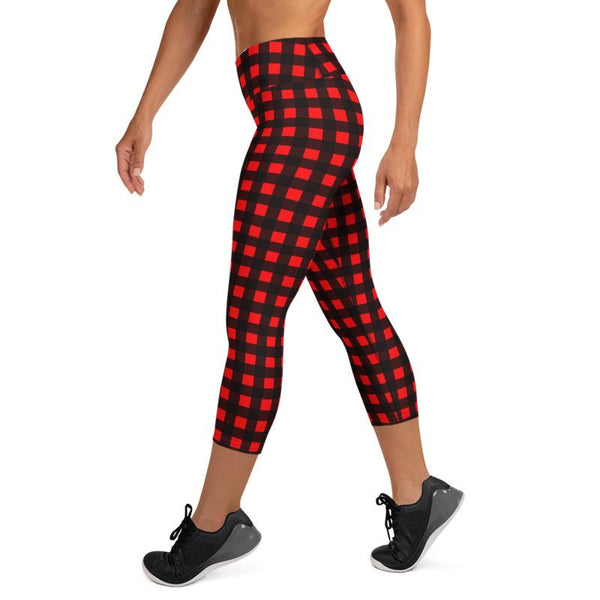 Buffalo Red Plaid Print Women's Designer Yoga Capri Leggings Pants- Made in USA/ EU-Capri Yoga Pants-Heidi Kimura Art LLC