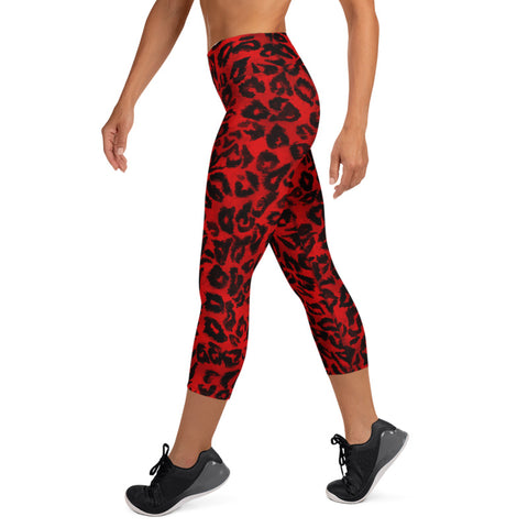 Red Leopard Animal Print Women's Premium Yoga Capri Leggings - Made in USA/ EU-Capri Yoga Pants-Heidi Kimura Art LLC
