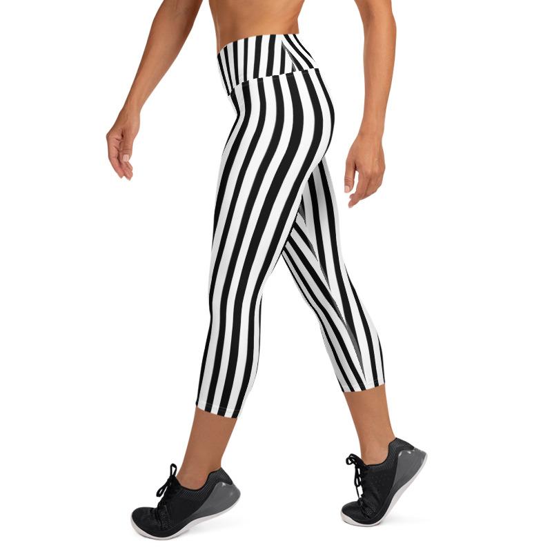 Black Striped Yoga Capri Leggings, Vertical Striped Women's Capri Pants-  Made in USA/ EU