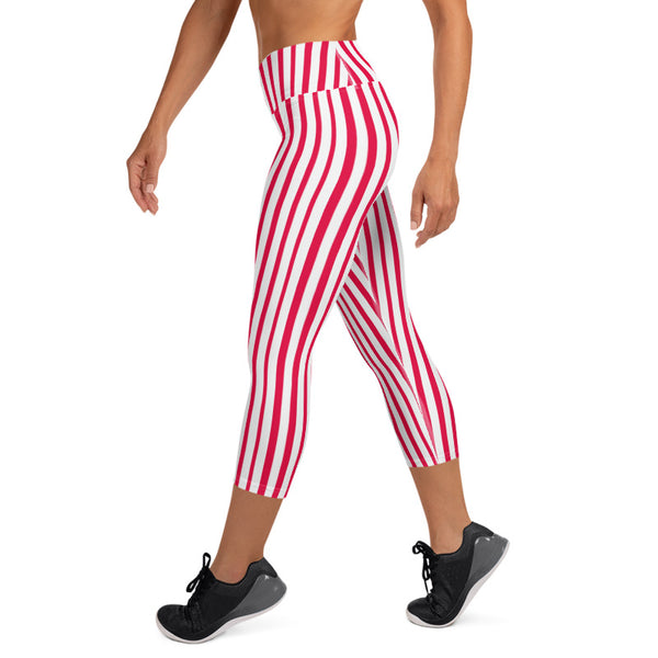 White Red Vertical Stripe Print Women's Yoga Capri Leggings Pants- Made in USA/ EU-Capri Yoga Pants-Heidi Kimura Art LLC