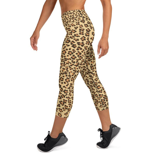Brown Leopard Animal Print Women's Yoga Capri Leggings Yoga Pants- Made in USA/EU-Capri Yoga Pants-Heidi Kimura Art LLC