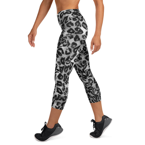 Gray Leopard Animal Print Women's Yoga Capri Leggings Pants Tights- Made in USA/ EU-Capri Yoga Pants-Heidi Kimura Art LLC