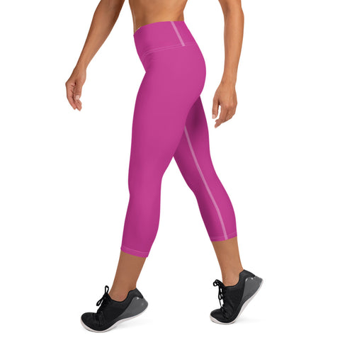 Hot Solid Pink Color Premium Women's Yoga Capri Leggings Pants- Made in USA/ EU-Capri Yoga Pants-Heidi Kimura Art LLC