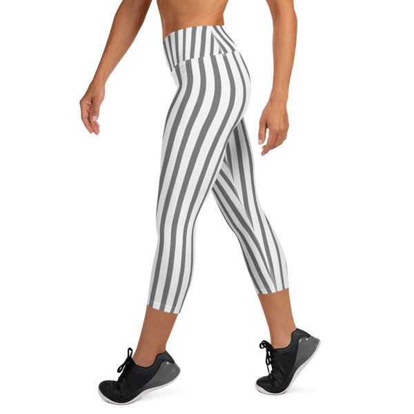 Gray And White Vertical Stripe Women's Yoga Capri Leggings Pants- Made in USA/ EU-Capri Yoga Pants-Heidi Kimura Art LLC