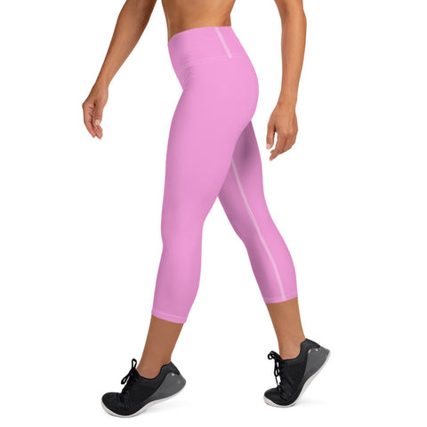 Light Solid Baby Pink Color Print Women's Yoga Capri Leggings Pants- Made in USA/ EU-Capri Yoga Pants-Heidi Kimura Art LLC