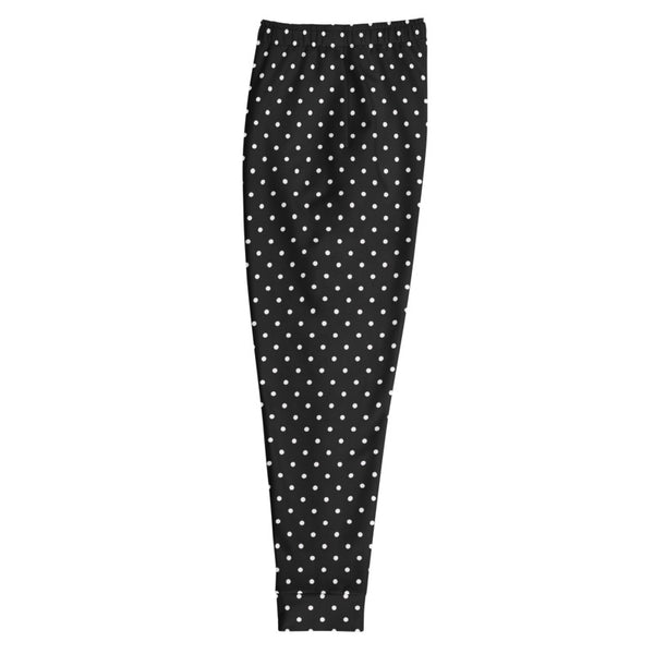 White Polka Dots Men's Joggers, Dots Print Premium Black Pants w/ Pockets-Made in EU-Men's Joggers-Heidi Kimura Art LLC
