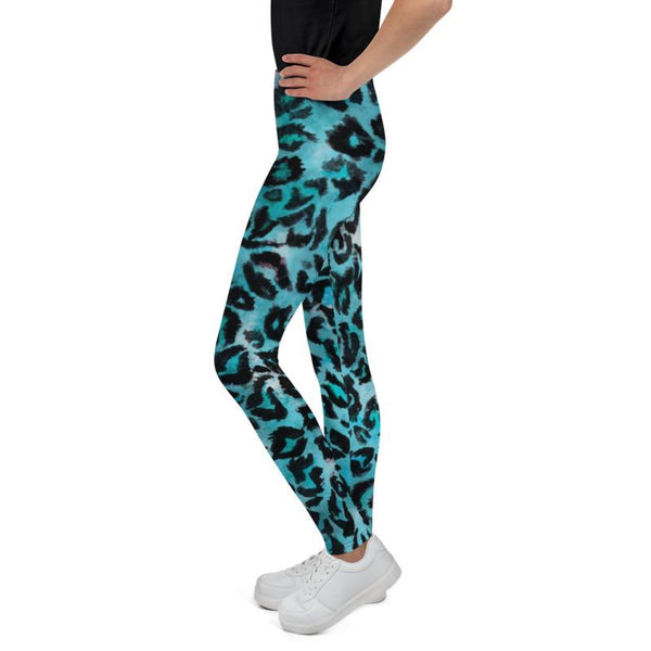 Blue Leopard Animal Print Cute Youth Leggings Workout Tights Pants - Made in USA/EU-Youth's Leggings-Heidi Kimura Art LLC