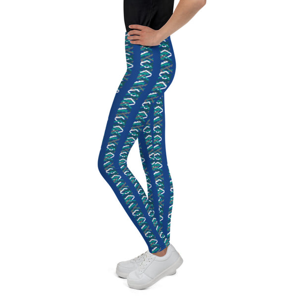 Blue Green Chevron Print Youth Leggings 38-40 UPF Gym Sports Pants - Made in USA/EU-Youth's Leggings-Heidi Kimura Art LLC