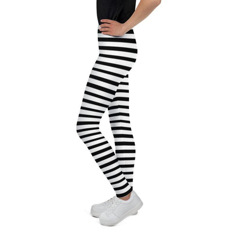 White And Black Horizontal Stripe Print Modern Best Youth Leggings- Made in USA/ EU-Youth's Leggings-Heidi Kimura Art LLC