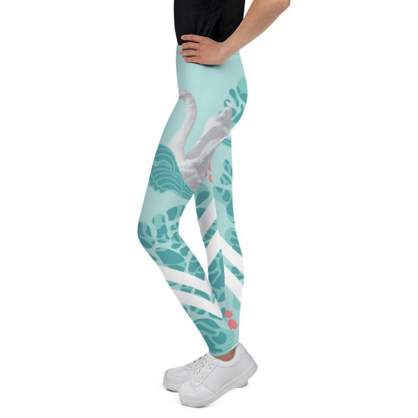 Light Blue Swan Print Premium Youth Leggings Stylish Workout Pants - Made in USA/EU-Youth's Leggings-Heidi Kimura Art LLC