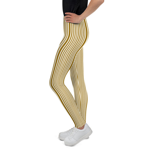 Brown Light Yellow Dense Stripe Print Youth Leggings Tight Pants- Made in USA/ EU-Youth's Leggings-Heidi Kimura Art LLC