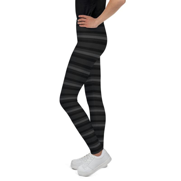 Gray Horizontal Striped Youth Leggings, Unisex Youth Tight Stretchy Pants- Made in USA/ EU-Youth's Leggings-Heidi Kimura Art LLC