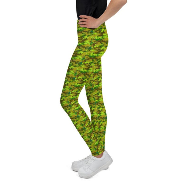 Bright Green Camouflage Military Army Print Designer Youth Leggings- Made in USA/EU-Youth's Leggings-Heidi Kimura Art LLC
