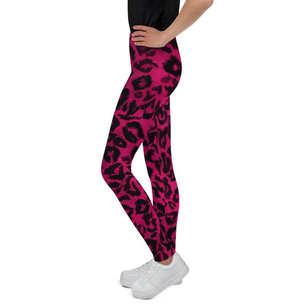 Hot Pink Leopard Animal Print Youth Leggings Tights Compression Pants- Made in USA/EU-Youth's Leggings-Heidi Kimura Art LLC