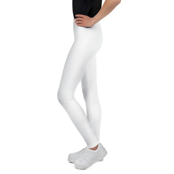Solid White Color Premium Youth Leggings Comfy Compression Pants- Made in USA/EU-Youth's Leggings-Heidi Kimura Art LLC