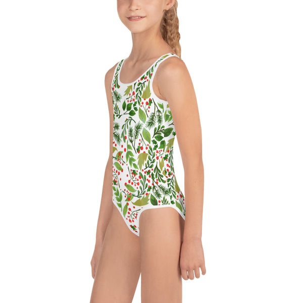 Christmas Floral Print Girl's Swimwear, Girl's Kids Premium Swimwear Sportswear Swimsuit - Made in USA/EU (US Size: 2T-7)