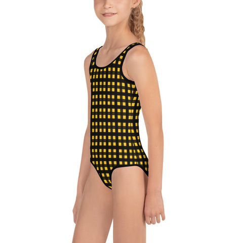 Yellow Buffalo Girl's Swimsuit, Plaid Print Best Kids Swimsuit, Girl's Kids Premium Swimwear Sportswear Swimsuit - Made in USA/EU (US Size: 2T-7)
