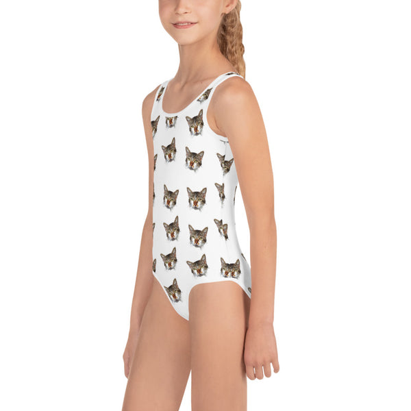White Cat Print Girl's Swimsuit, Cute Kids Swimwear- Made in USA/EU (US Size: 2T-7)Girl's Cute Premium Kids Swimsuit Bathing Suit - Made in USA/ Europe (US Size: 2T-7)