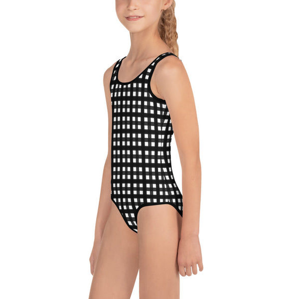 Black Buffalo Girl's Swimsuit, Plaid Print Best Kids Swimsuit, Girl's Kids Premium Swimwear Sportswear Swimsuit - Made in USA/EU (US Size: 2T-7)