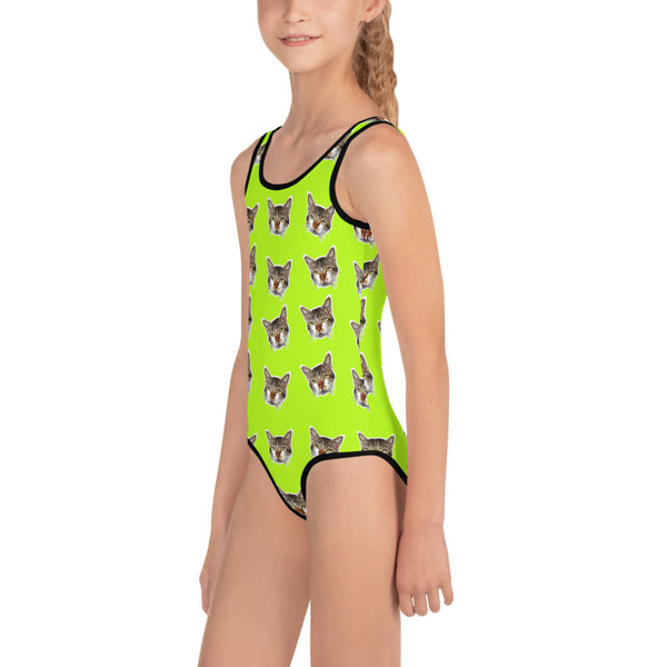 Green Cat Print Girl's Swimsuit, Cute Kids Swimwear- Made in USA/EU (US Size: 2T-7) Girl's Cute Premium Kids Swimsuit Bathing Suit, Cat Swimsuit, Cute Cat Girls Swimsuit