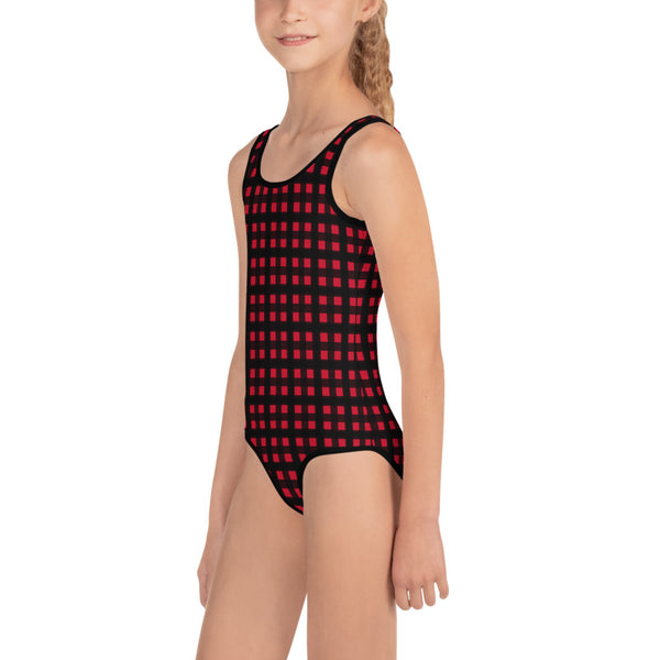 Red Buffalo Print Girl's Swimwear, 1 Piece Plaid Print Best Kids Swimsuit, Girl's Kids Premium Swimwear Sportswear Swimsuit - Made in USA/EU (US Size: 2T-7)