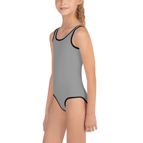 Light Gray Solid Color Print Kids Cute Girl's Spandex Swimsuit Swimwear- Made in USA-Kid's Swimsuit (Girls)-Heidi Kimura Art LLC