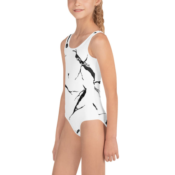 Luxury White Gray Marble Print Designer Print Girls Kids Swimsuit Swimwear- Made in USA/EU-Kid's Swimsuit (Girls)-Heidi Kimura Art LLC