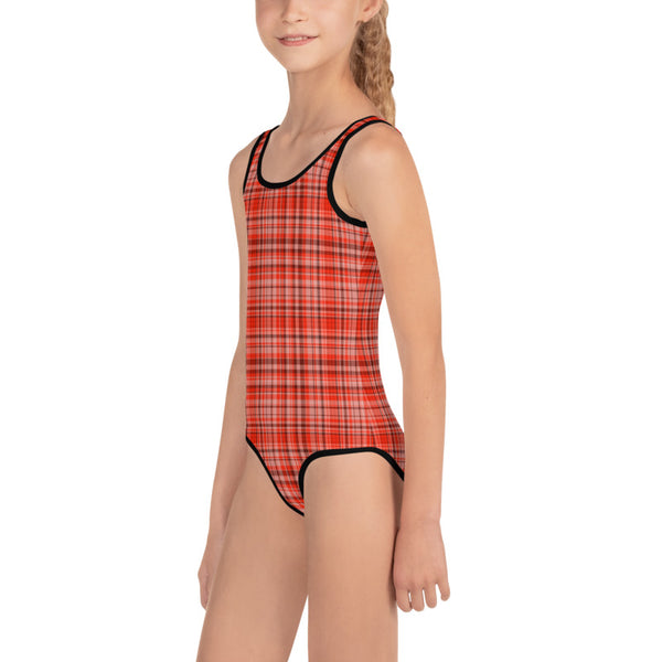 Orange Red Tartan Plaid Print Kids Girls Swimsuit Swimwear Bathing Suits-Made in USA/EU-Kid's Swimsuit (Girls)-Heidi Kimura Art LLC