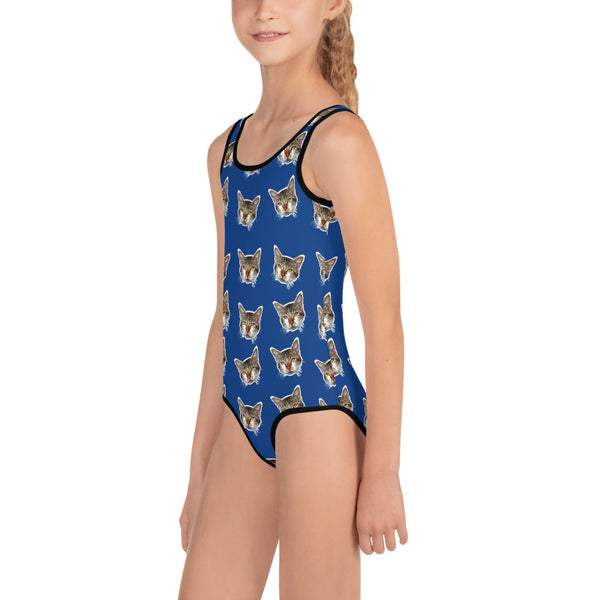 Navy Blue Cat Girl's Swimsuit, Cute Cat Print Kids Swimwear- Made in USA/EU (US Size: 2T-7)Girl's Cute Premium Kids Swimsuit Bathing Suit - Made in USA/ Europe (US Size: 2T-7) Cat Swimsuit, Cute Cat Girls Swimsuit