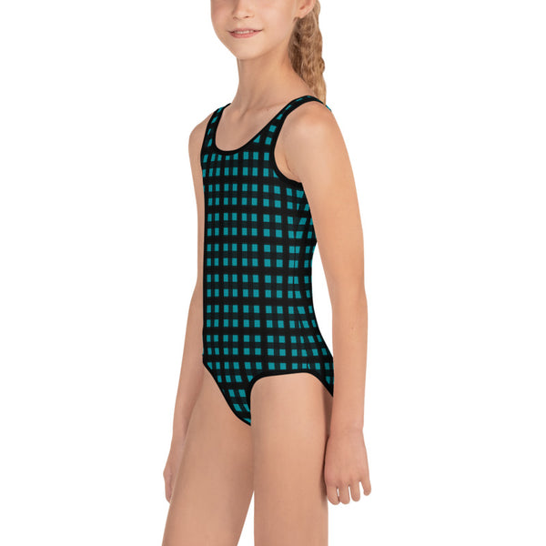 Teal Blue Buffalo Girl's Swimwear, Plaid Print Best Kids Swimsuit, Girl's Kids Premium Swimwear Sportswear Swimsuit - Made in USA/EU (US Size: 2T-7)