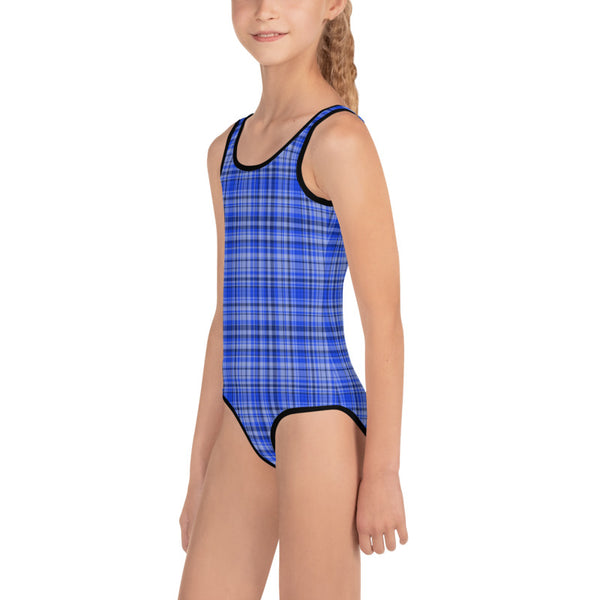 Blue Plaid Tartan Print Girls Kids Designer Swimsuit Swimwear Bathing Suits -Made in USA/EU-Kid's Swimsuit (Girls)-Heidi Kimura Art LLC
