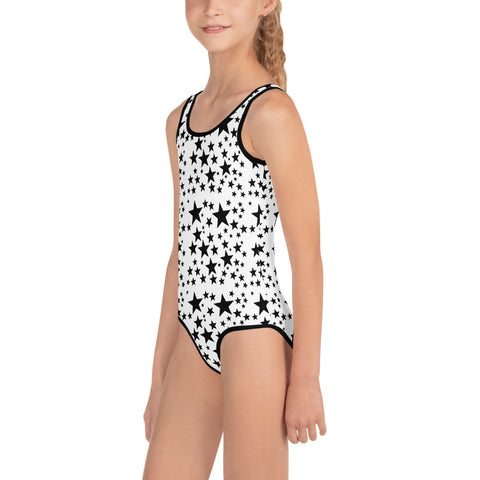 White Black Stars Girl's Swimsuit, Black Star Girl's Swimsuit, Space Galaxy Print, Girl's Kids Premium Swimwear Sportswear Swimsuit - Made in USA/EU (US Size: 2T-7)