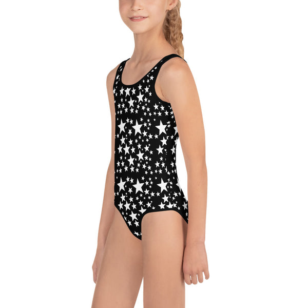 Black Star Girl's Swimsuit, Space Galaxy Print, Girl's Kids Premium Swimwear Sportswear Swimsuit - Made in USA/EU (US Size: 2T-7)