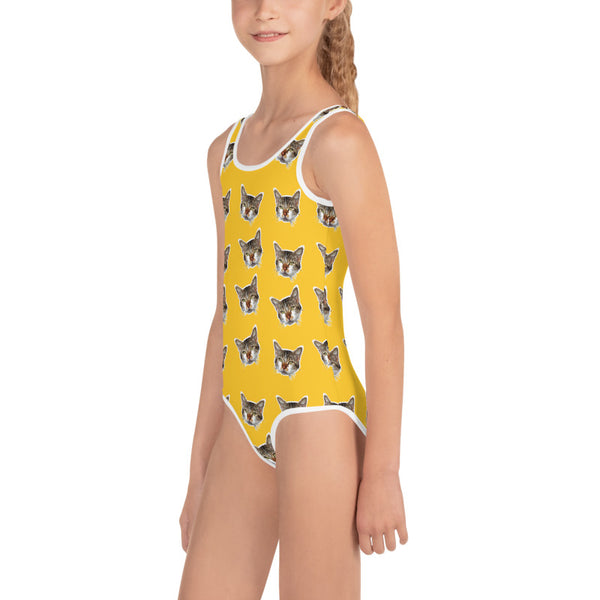 Bright Yellow Cat Print Girl's Swimsuit, Cute Kids Swimwear- Made in USA/EU (US Size: 2T-7) Girl's Cute Premium Kids Swimsuit Bathing Suit, Cat Swimsuit, Cute Cat Girls Swimsuit